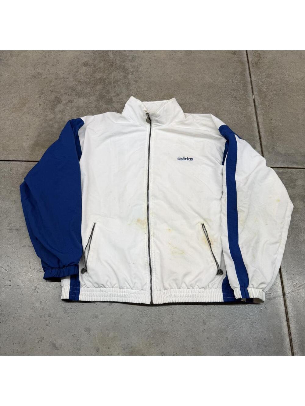 vintage adidas white and blue zip up windbraeker track jacket size xl HAS STAINS